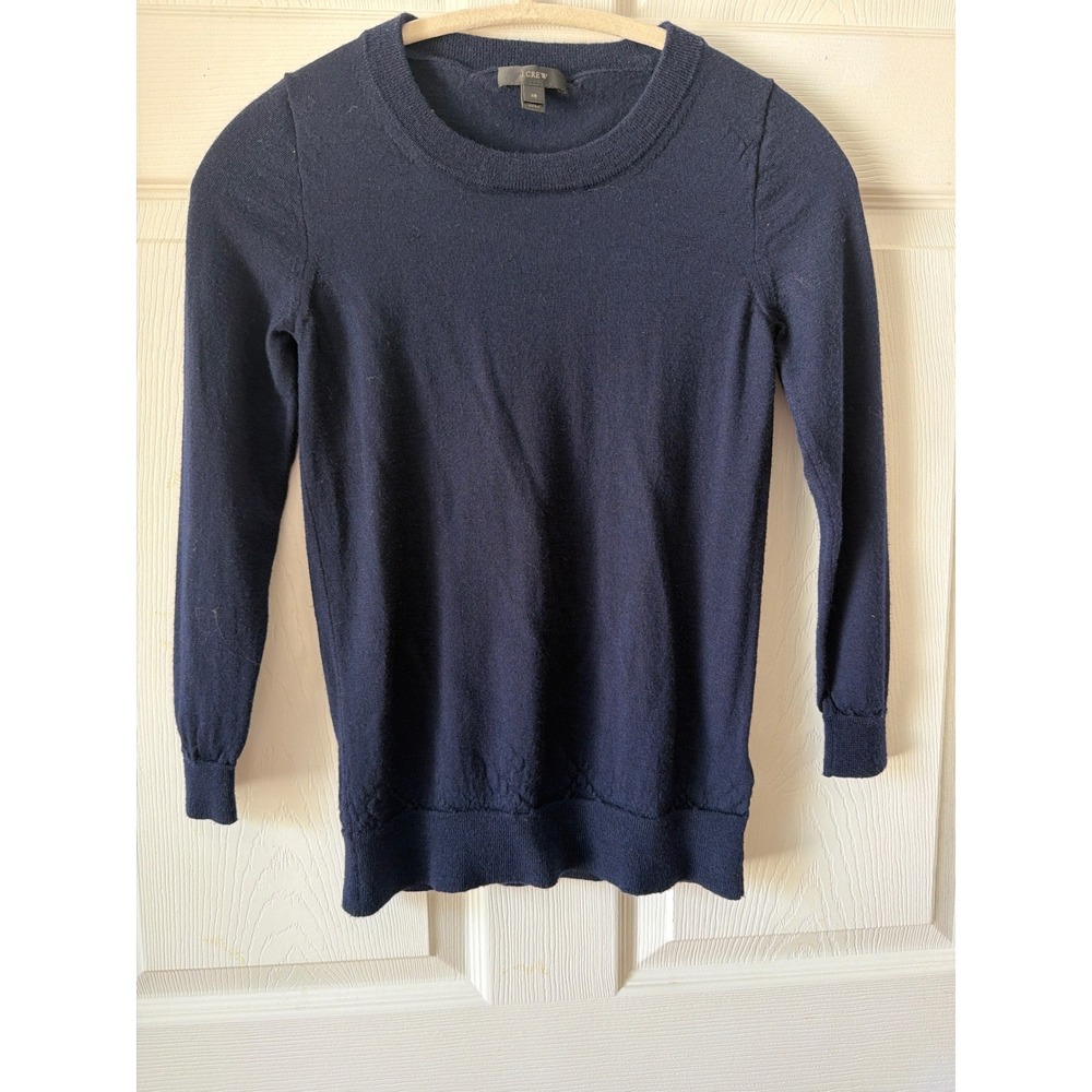 J.Crew Crewneck Sweater Womens XS Navy Merino Wool Textured Hem  Preppy Capsule